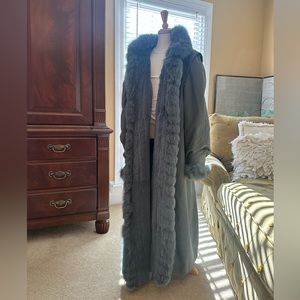 VINTAGE fur-lined, and fur trim slate, blue gray duster